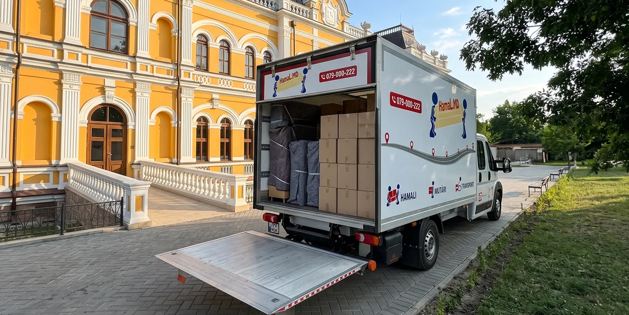 Camion HamaL.MD încărcat cu cutii și saltele ambalate, lângă conacul Manuc Bei.
