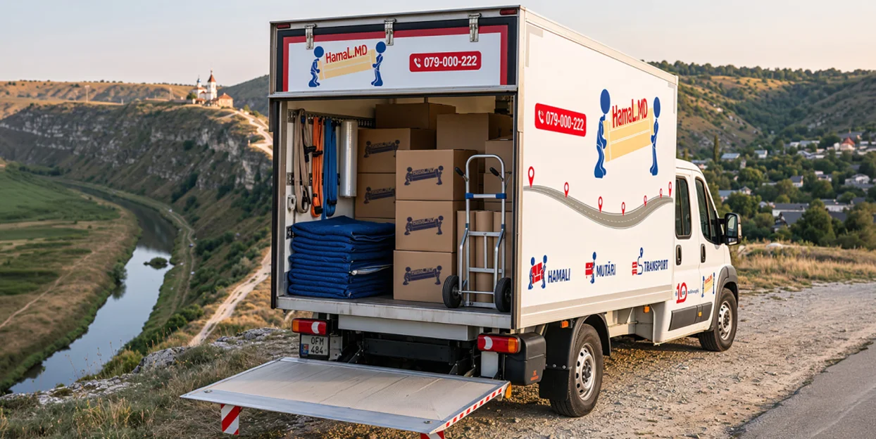 Camion HamaL.MD încărcat cu cutii, cărucior și pături, la Orheiul Vechi.