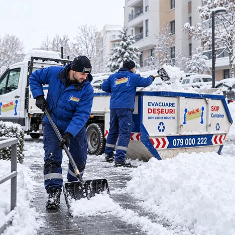 Doi muncitori în geci groase lopătează zăpada de pe trotuar, lângă un container skip și un camion