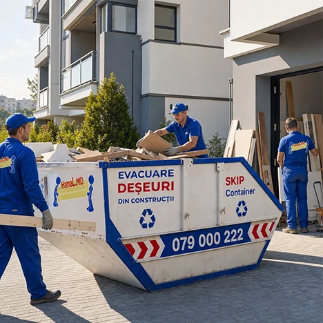 Doi hamali aruncă resturi de lemn într-un container skip plin, la încărcarea deșeurilor din construcții