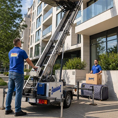 Un hamal manevrează liftul mobil de pe remorcă, iar colegul pregătește o cutie pentru ridicarea la etaj