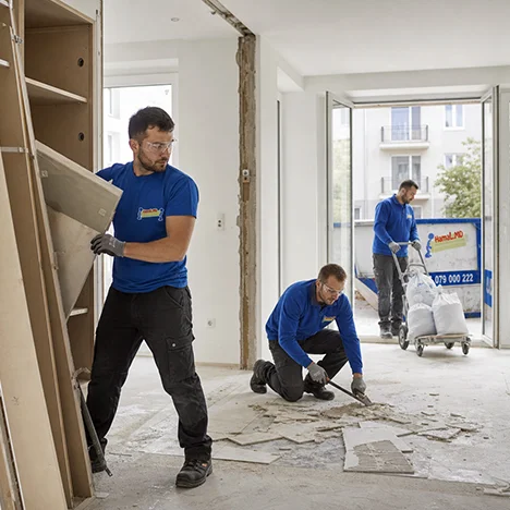Trei muncitori demontează un dulap și sparg plăcile de pe podea într-un apartament, lucrări de demolări în Chișinău