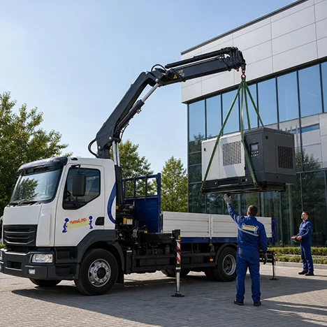 Camion cu macara manipulator ridică o unitate de climatizare pe chingi în fața unei clădiri de birouri