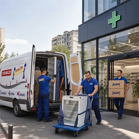 Hamalii încarcă în camion un frigider ambalat și cutii chiar la intrarea farmaciei
