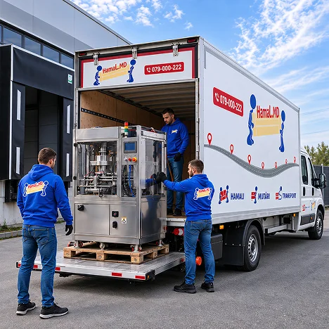 Un utilaj industrial pe palet este coborât din camion pe rampă, o lucrare cu marfă paletizată grea