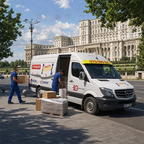Hamali încarcă cutii în autoutilitară în fața unei clădiri oficiale, după planificarea riguroasă a mutării diplomatice