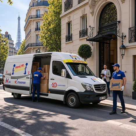 Mutători încarcă cutii într-o dubă albă pe o stradă elegantă, cu Turnul Eiffel în fundal, la o mutare diplomatică