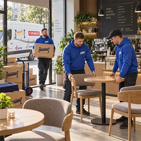 Hamalii aranjează mese și scaune într-o cafenea, cu cutii pregătite pentru mutare