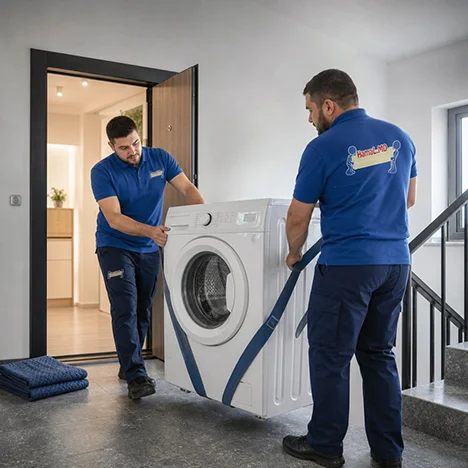 Doi hamali duc mașina de spălat cu chingi la ușa apartamentului, ridicare mașină de spălat în apartament