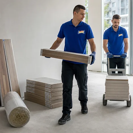 Doi hamali cară scânduri și un teanc pe cărucior într-un apartament în renovare, ridicare materiale de construcții