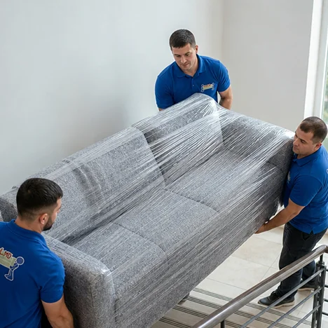 Hamalii poartă o canapea în folie de protecție pe scară, lângă balustrada metalică, la ridicarea mobilei la etaj