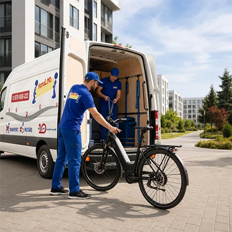 Doi angajați încarcă atent o bicicletă electrică în dubă