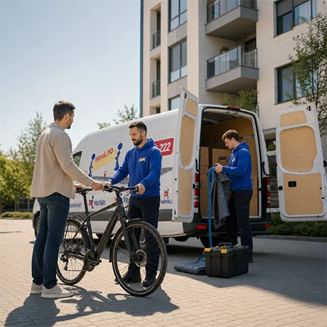 Un client predă bicicleta unui hamal lângă duba de transport