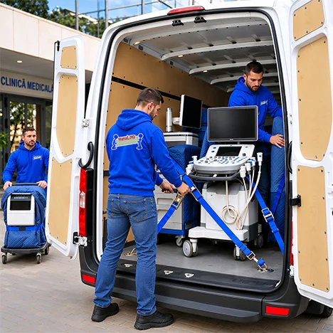 Un aparat de ecografie este fixat cu chingi și protecții în dubă, la transport echipamente medicale