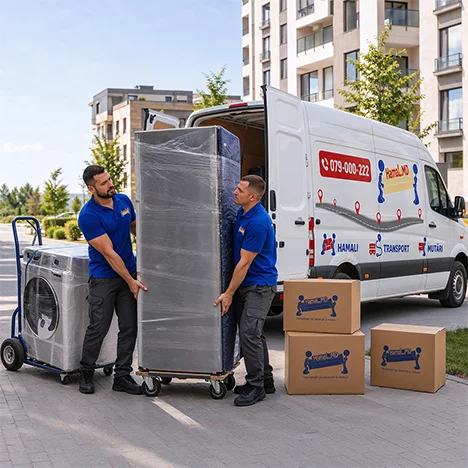 Lângă dubă, un electrocasnic înfoliat stă pe cărucior, iar alături e o mașină de spălat pregătită de transport