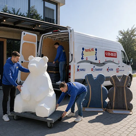 Doi hamali mută pe platformă mobilă o sculptură albă mare, un tip de instalație transportată cu grijă