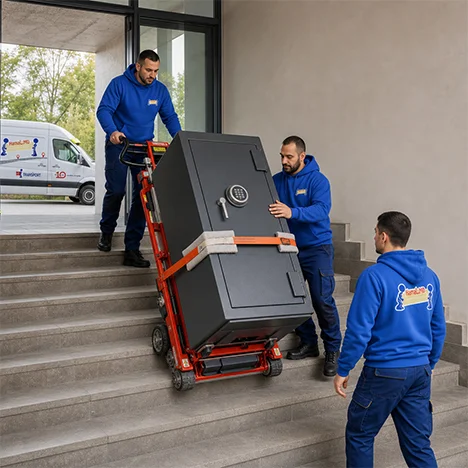 Hamalii coboară seiful pe scări de piatră cu cărucior special și chingi portocalii, la transport seifuri
